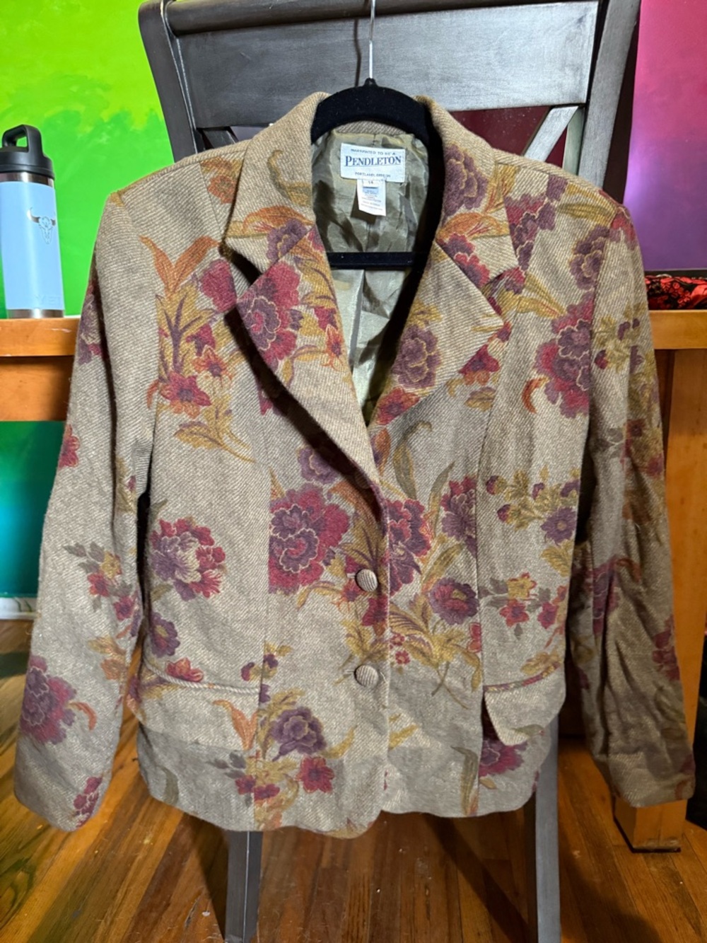 Pendleton Taupe Floral Wool-Blend Blazer with Burgundy and Gold Accents
